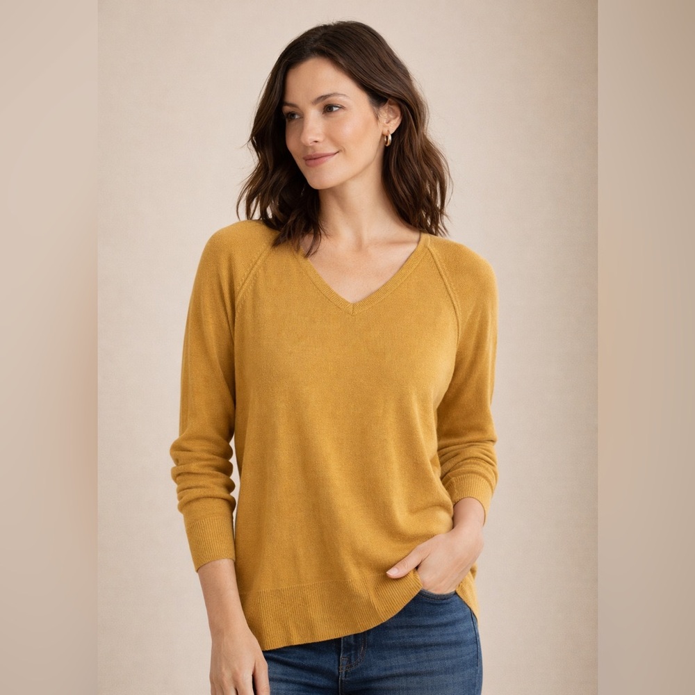 J.Jill Silk & Cotton Mustard Yellow V-Neck Knit Sweater, Relaxed Fit, Size M
